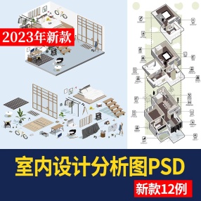12套室内设计分析图PSD装配家具模块设计室内活动功能轴测图ps
