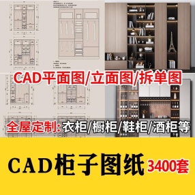 3400套CAD柜子图纸家装衣柜酒橱柜子榻榻米书柜鞋柜家具CAD图库